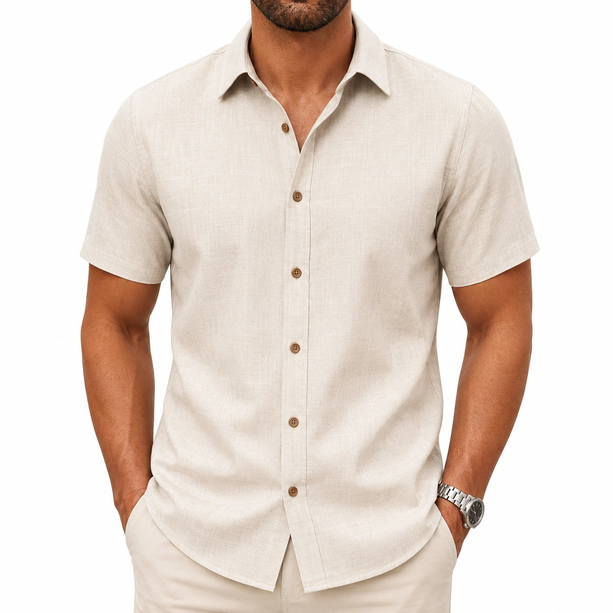 Chemise homme taille M en lin beige à manches courtes coupe décontractée