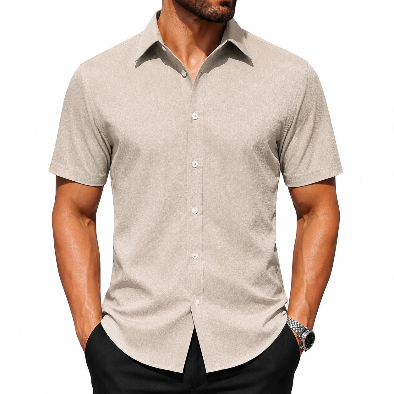 Chemise homme M à manches courtes en tissu texturé beige style décontracté