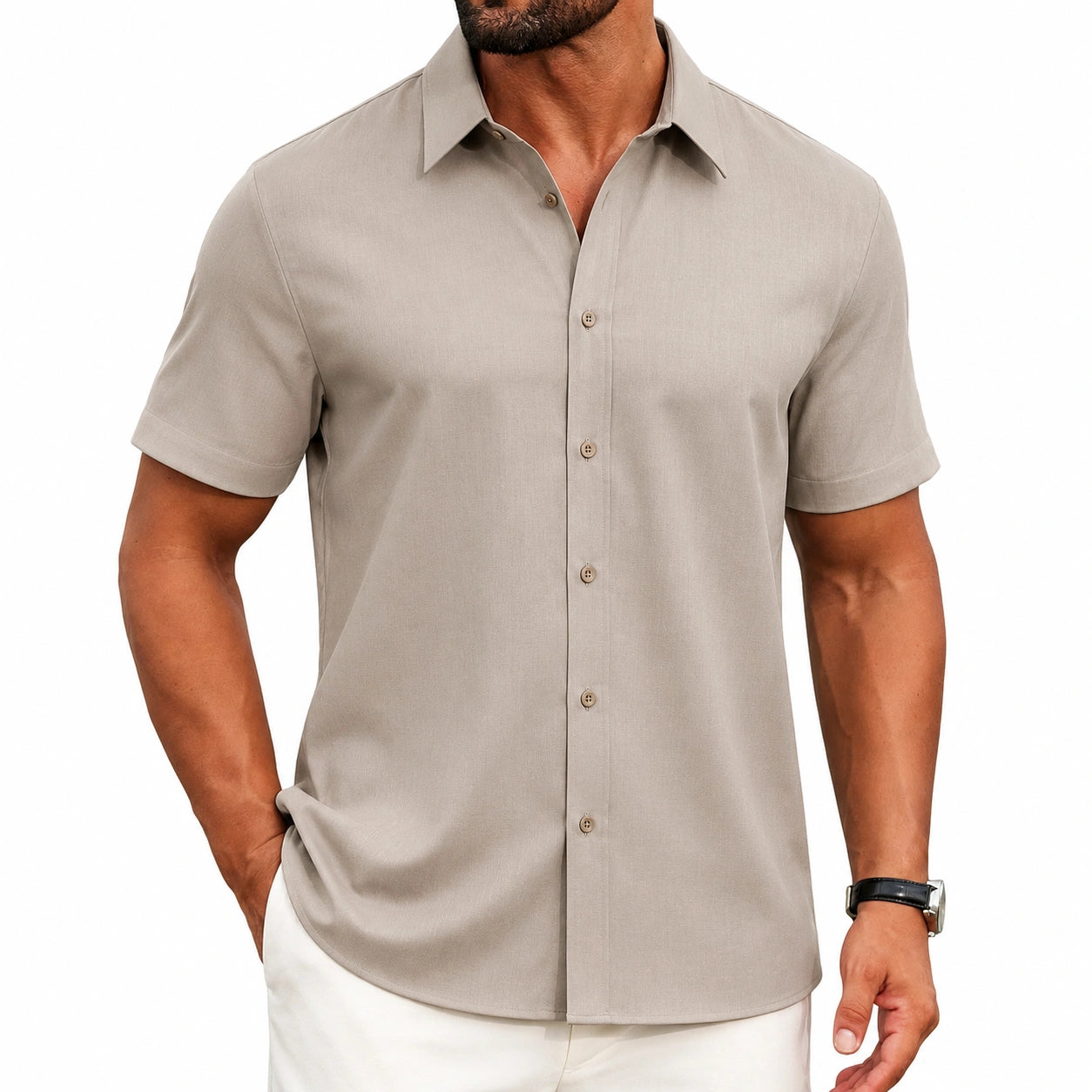 Chemise homme taille L en tissu tissé beige à manches courtes coupe droite