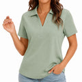 Polo femme L vert sauge en tissu à col V manches courtes style décontracté