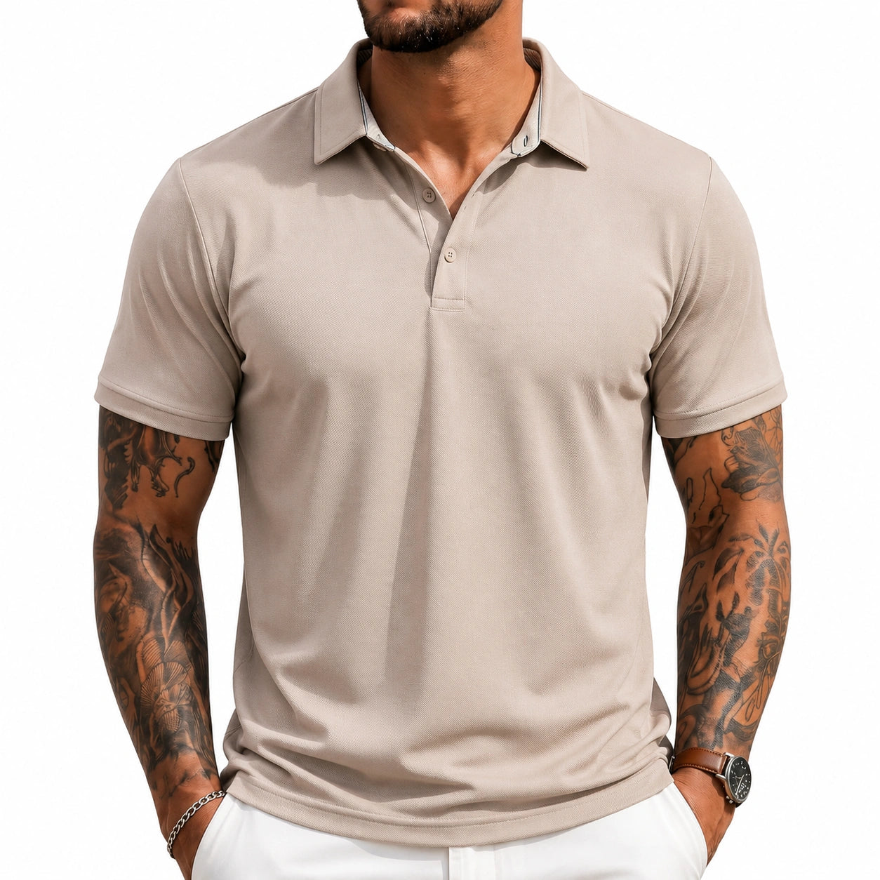 Polo homme taille M en maille piquée beige à manches courtes style décontracté