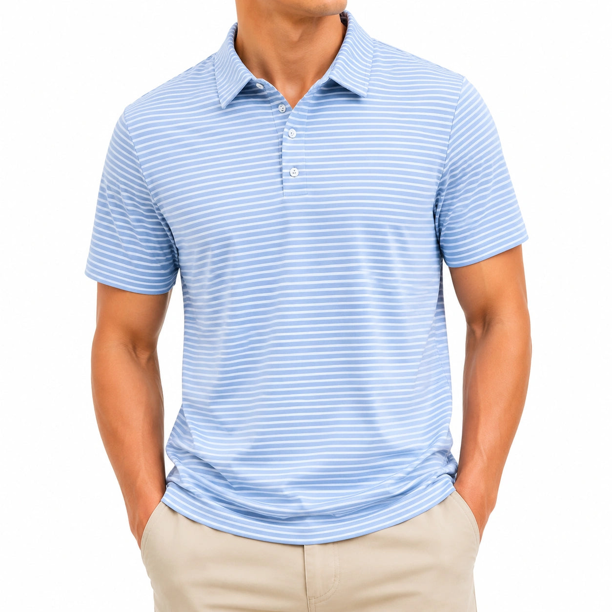 Polo homme taille M en tissu bleu clair rayé à manches courtes style décontracté