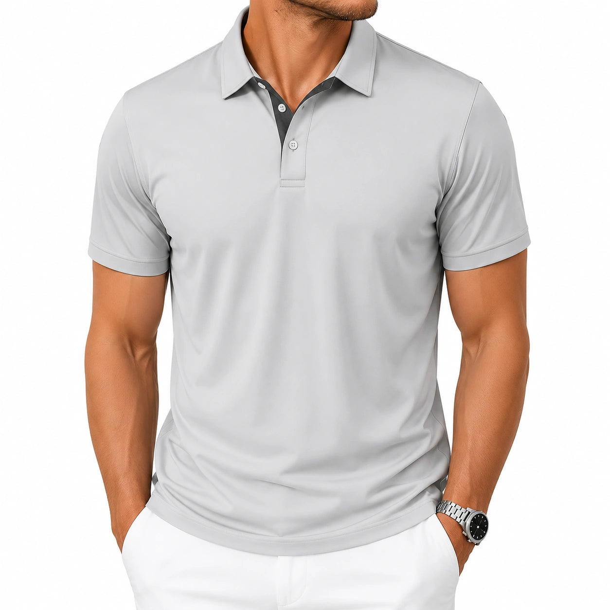 Polo homme taille M en tissu synthétique gris à manches courtes style décontracté
