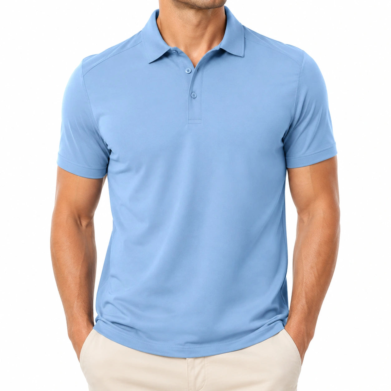 Polo homme taille L bleu ciel manches courtes en tissu extensible