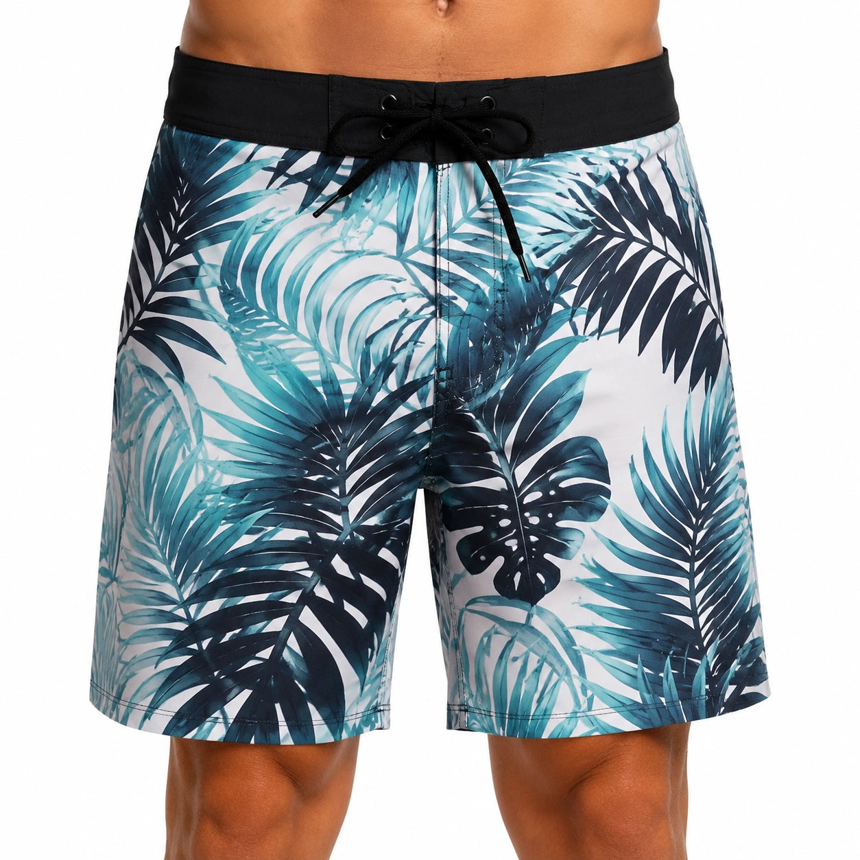 Short de bain homme M blanc bleu noir à motif tropical avec taille ajustable