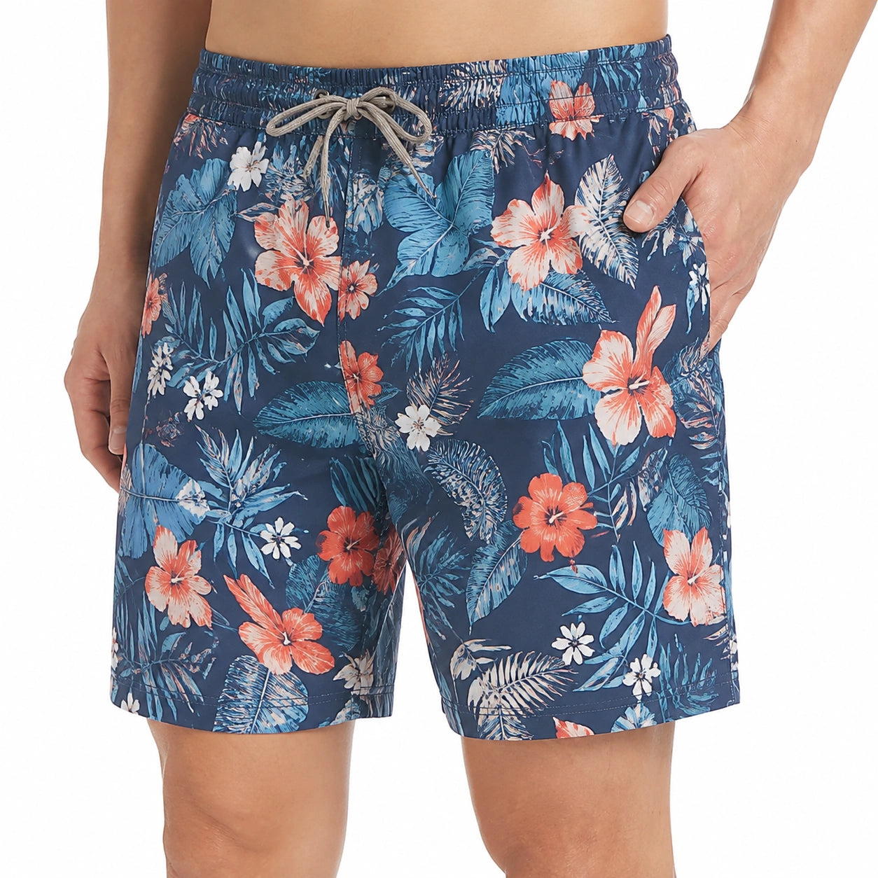 Short de bain homme taille L en tissu bleu à imprimé floral avec cordon de serrage