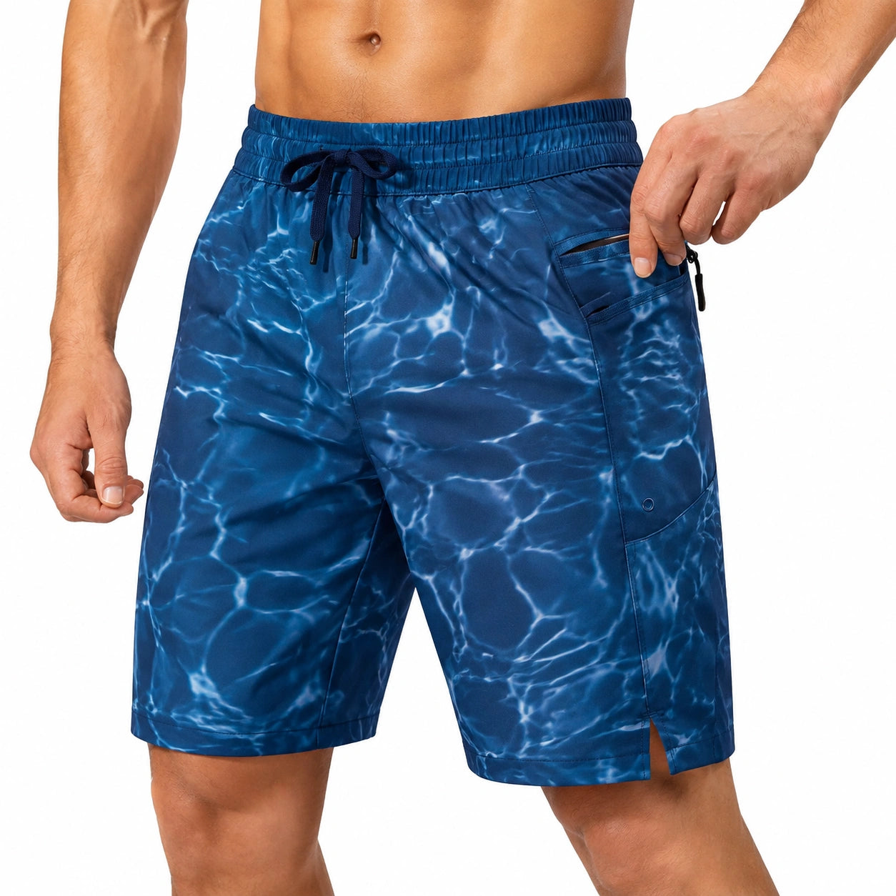 Short de bain homme L en tissu synthétique bleu imprimé effet eau avec poche zippée