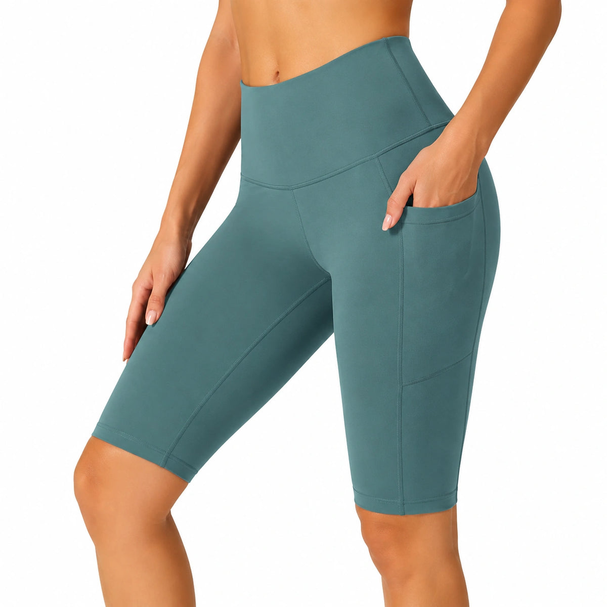 Cycliste femme S en tissu extensible vert pétrole taille haute avec poche pour sport