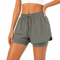 Short de sport femme M gris kaki à double couche avec taille élastique pour course