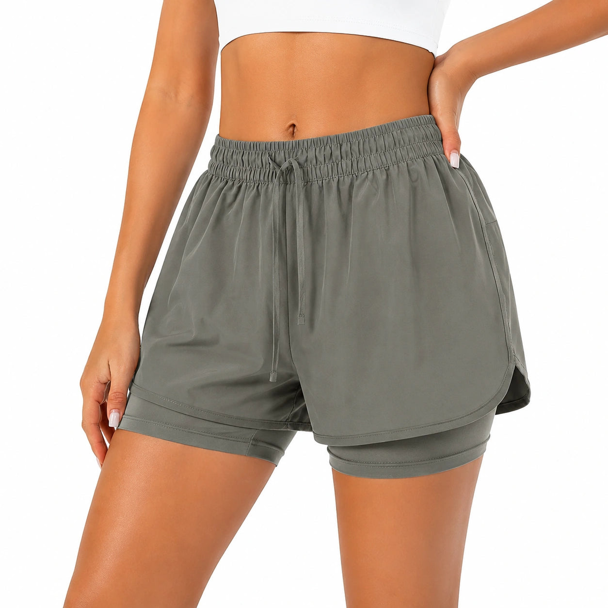 Short de sport femme M gris kaki à double couche avec taille élastique pour course