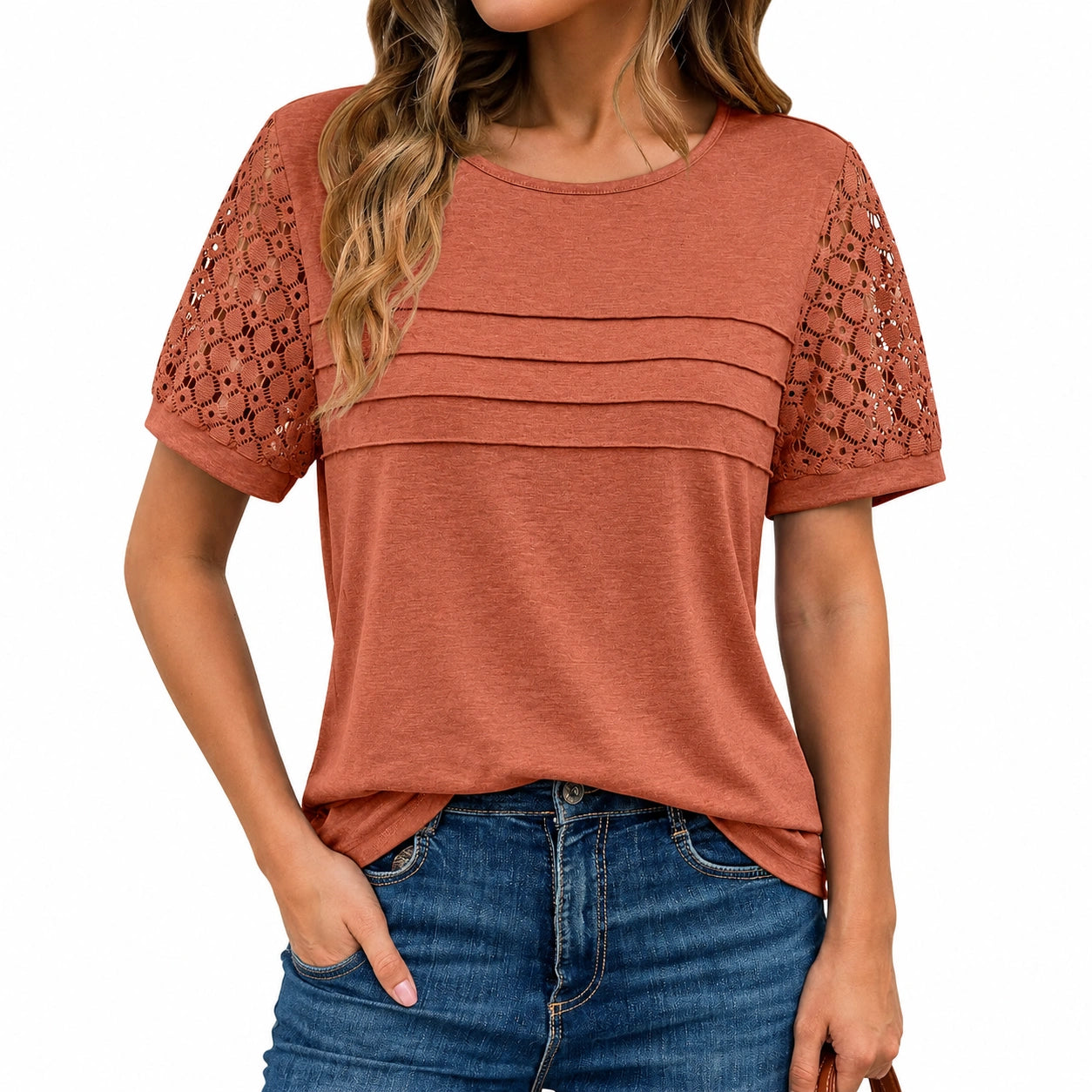 T-shirt femme taille S en tissu terracotta à manches courtes en dentelle style décontracté
