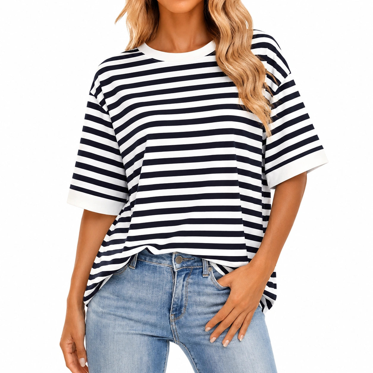 T-shirt femme taille S rayé noir blanc coupe ample manches courtes