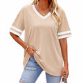 T-shirt femme M beige et blanc à col V manches courtes décontracté