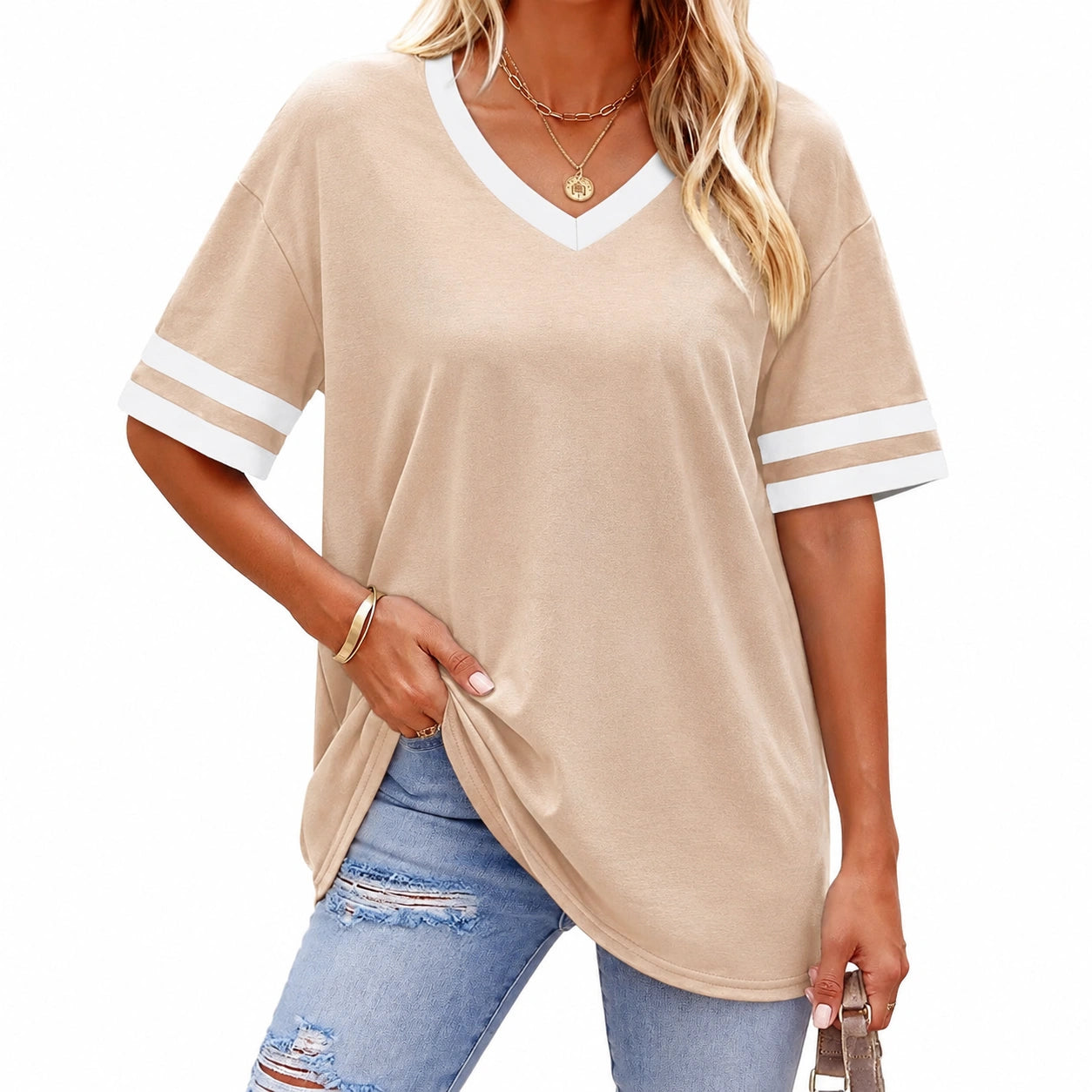 T-shirt femme M beige et blanc à col V manches courtes décontracté