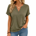 T-shirt femme taille M vert kaki à col V manches courtes style décontracté