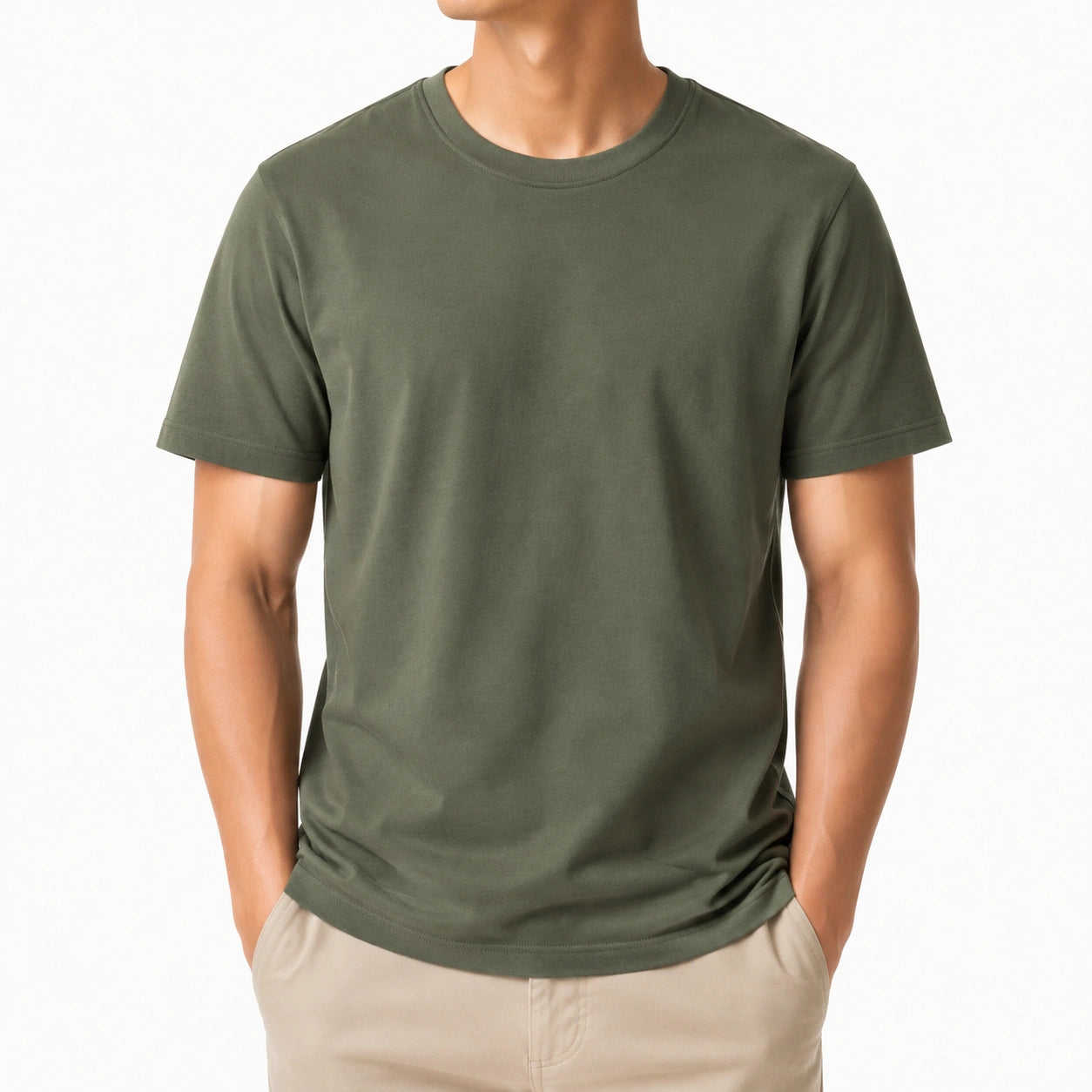 T-shirt homme taille M vert kaki à manches courtes col rond coupe droite