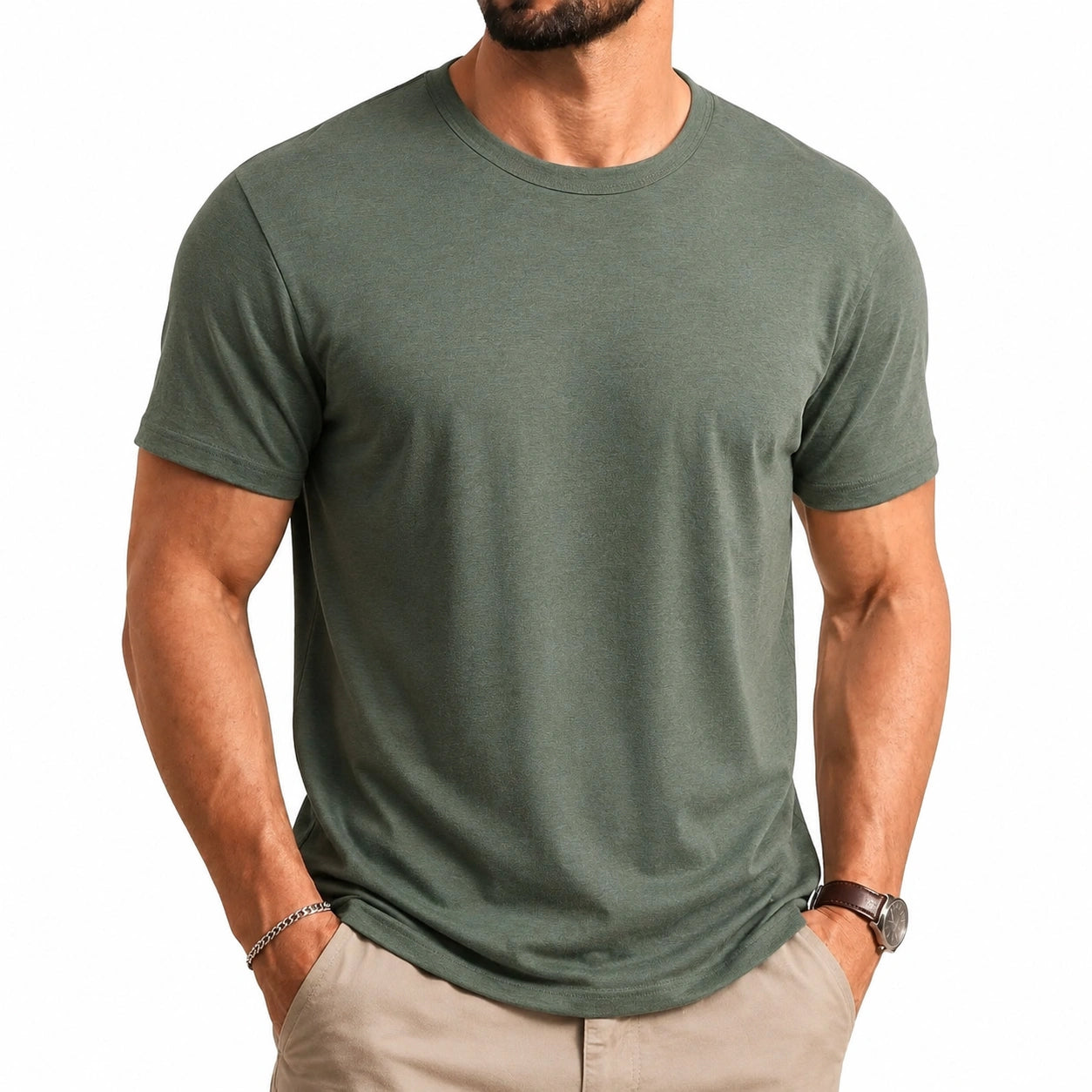 T-shirt homme M vert kaki en jersey à manches courtes col rond coupe droite