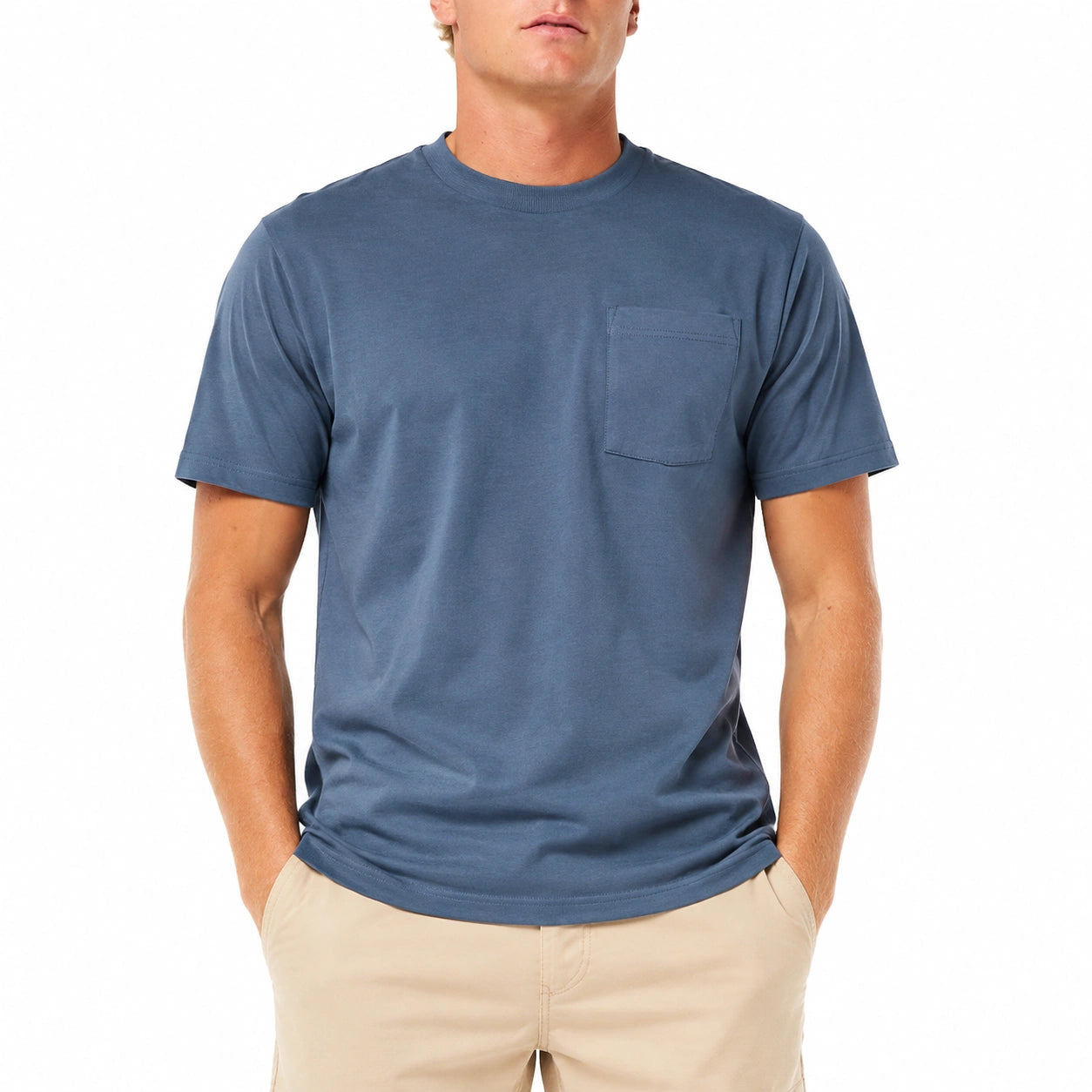T-shirt homme taille L en coton bleu à poche poitrine coupe décontractée