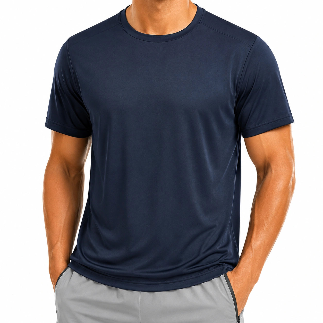 T-shirt homme taille L en tissu synthétique bleu marine à col rond pour sport