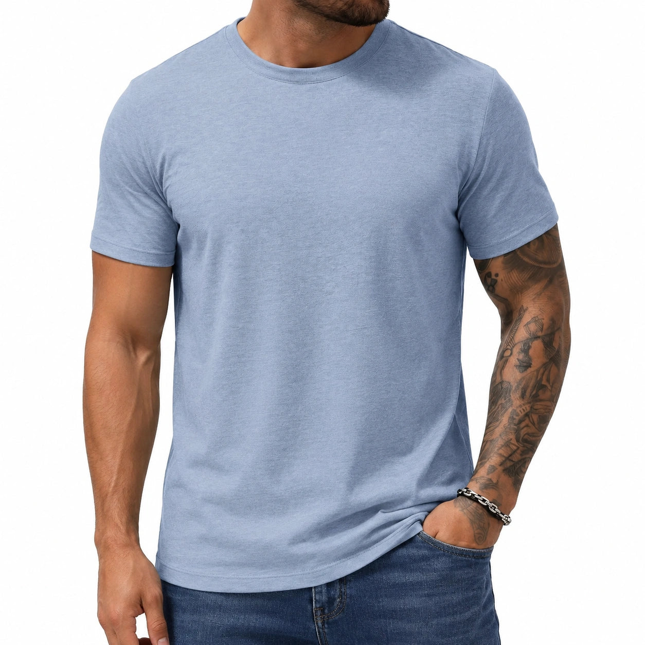T-shirt homme taille L en tissu bleu à manches courtes coupe décontractée