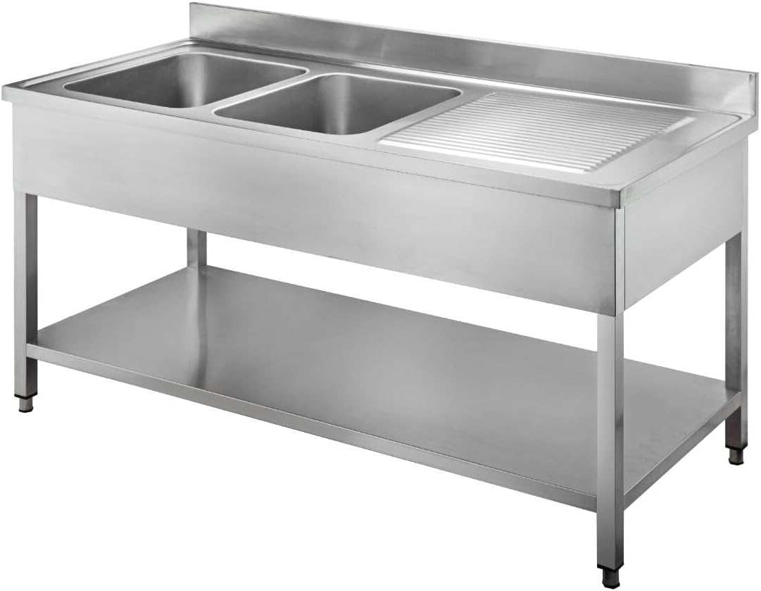 Arredo Chef Évier de restaurant, Plonge INOX pour Cuisine Professionnelle, 95 cm, acier inoxydable, 2 Bacs à Gauche, Bar, hôtel
