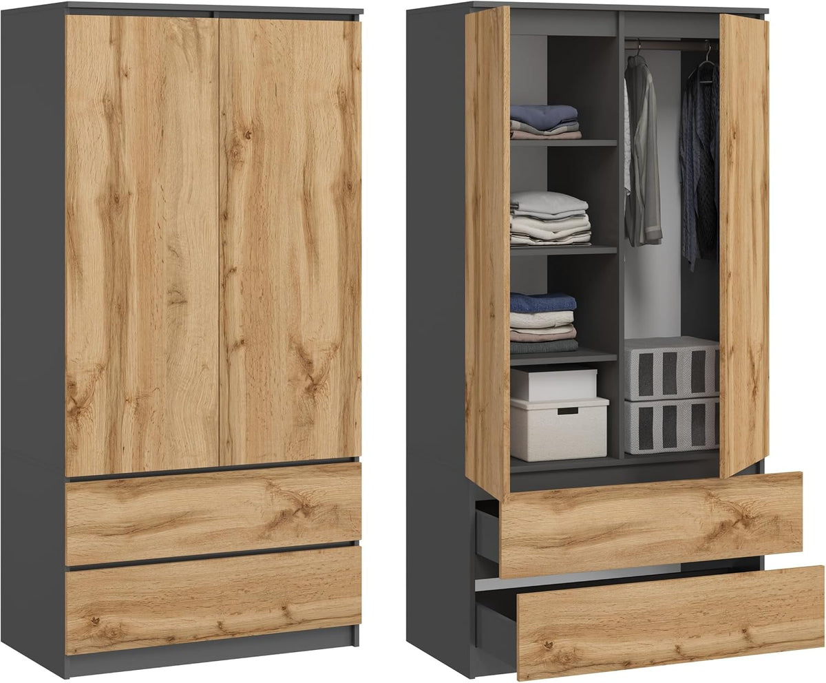 Armoire, 180 × 90 × 50, 5 cm, KUBUTKU, 16 mm, 90 cm, 180 cm, 2 portes, 2 tiroirs, 4 étagères, 4 étagères et portemanteau, Multi-usage