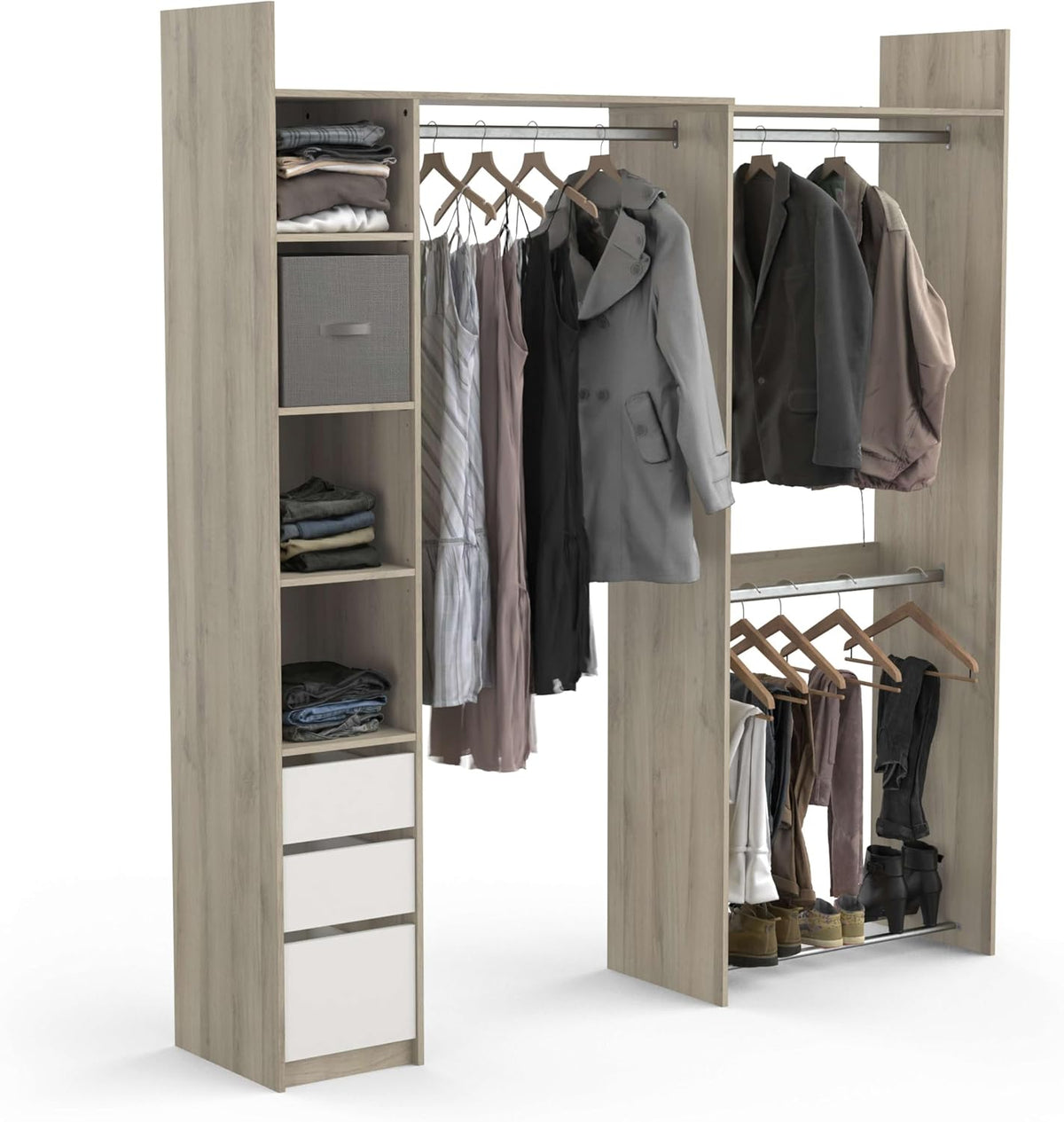 Armoire Demeyere, 199, 7 × 43, 9 × 218, 3 cm, réglable, 3 Tiroirs, Kit Dressing Extensible D'Angle Ouvert & Modulable 3 Tiroirs 3 Barres De Penderie