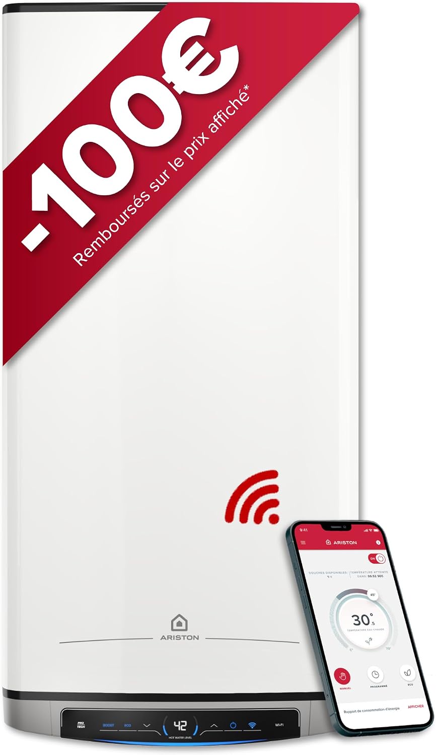 Ariston Chauffe-eau électrique, Velis Evo Dune Dry WiFi 80L, 80 L, 27, 5 cm, 275mm, 40°C, Prof. 275mm, Wi-Fi, commande tactile