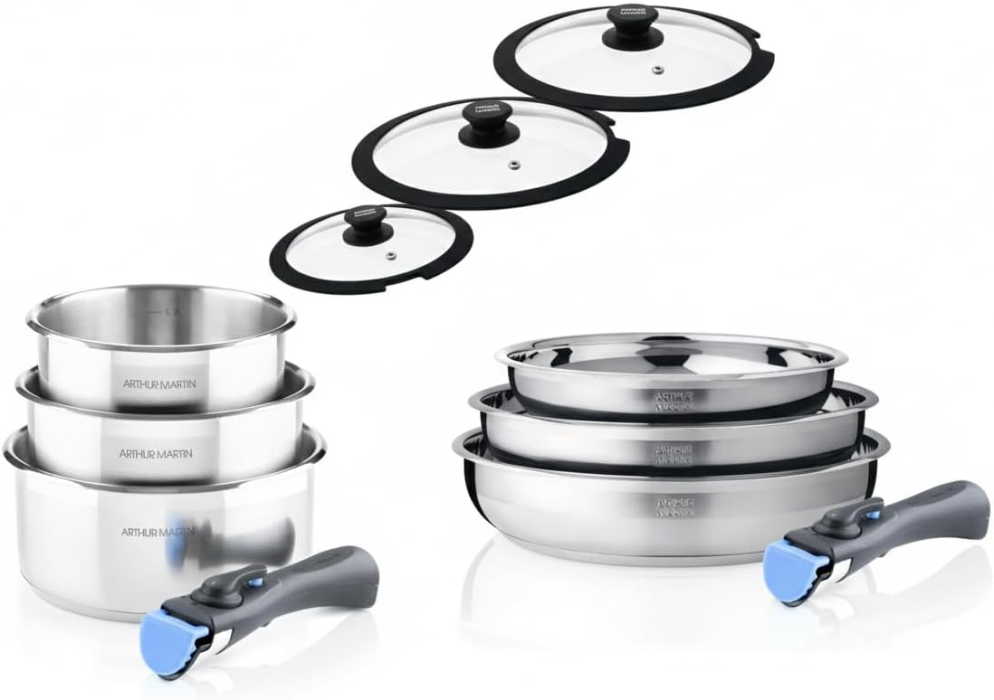 Arthur Martin Set de casseroles, Batterie De Cuisine Inox 11 Pièces, 20 cm, 2 Manches Amovibles, 3 Couvercles Silicone, acier inoxydable