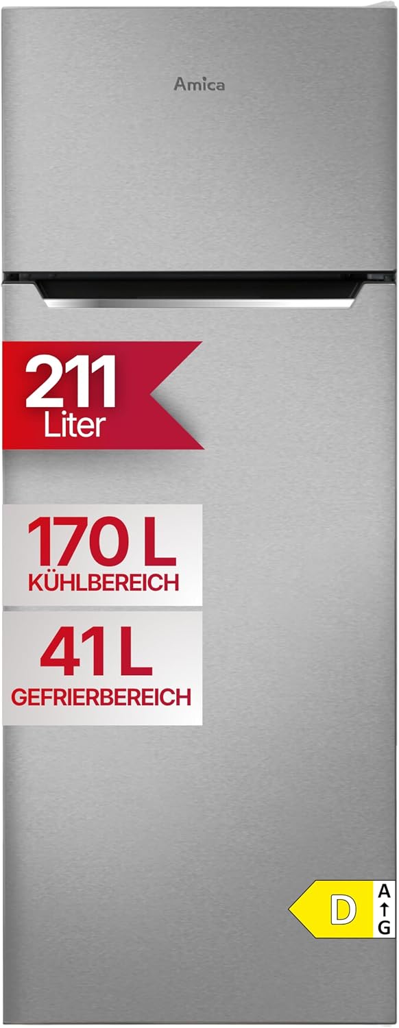 Amica Réfrigérateur, 142, 8 × 54 × 55, 1 cm, éclairage LED, acier inoxydable, 1428 × 540 × 551 mm, 55 cm, 39 dB, 211L, verre, Argent