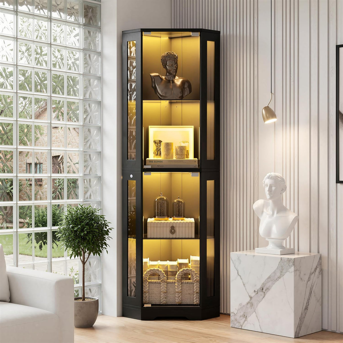 Armoire Elancee 165x, Chambre, 165 × 40 × 40 cm, éclairage LED, Vitrine d'angle en Verre avec Lumières LED, 165cm, 4 étagères, réglable