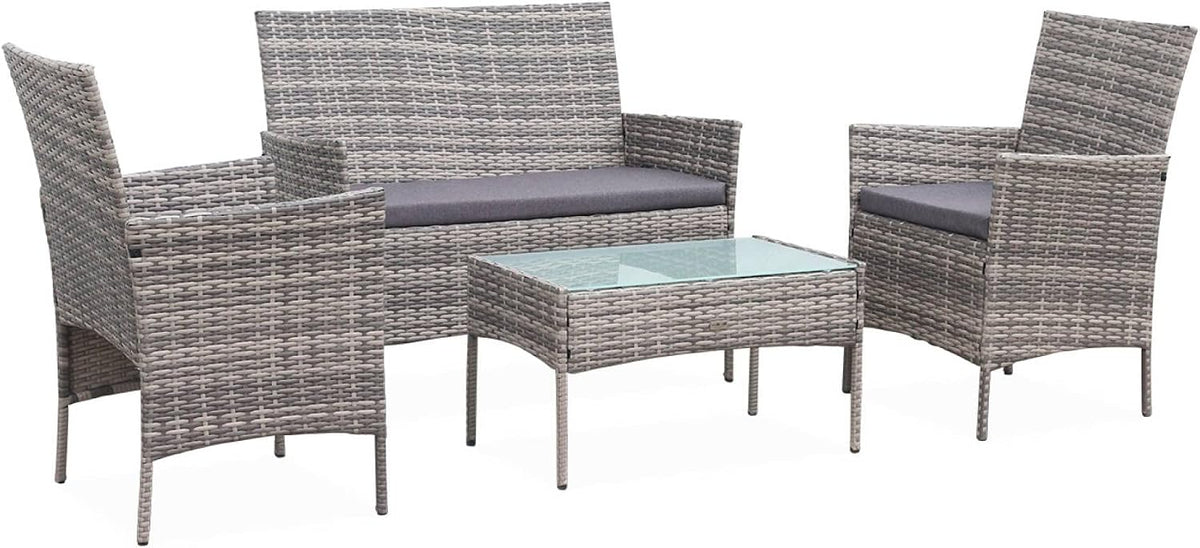 Alice's Garden Salon de jardin, 4 Places, verre, 5mm, 1 canapé. 2 fauteuils. Une Table Basse, Nuances de Gris. Coussins Gris, Moltès