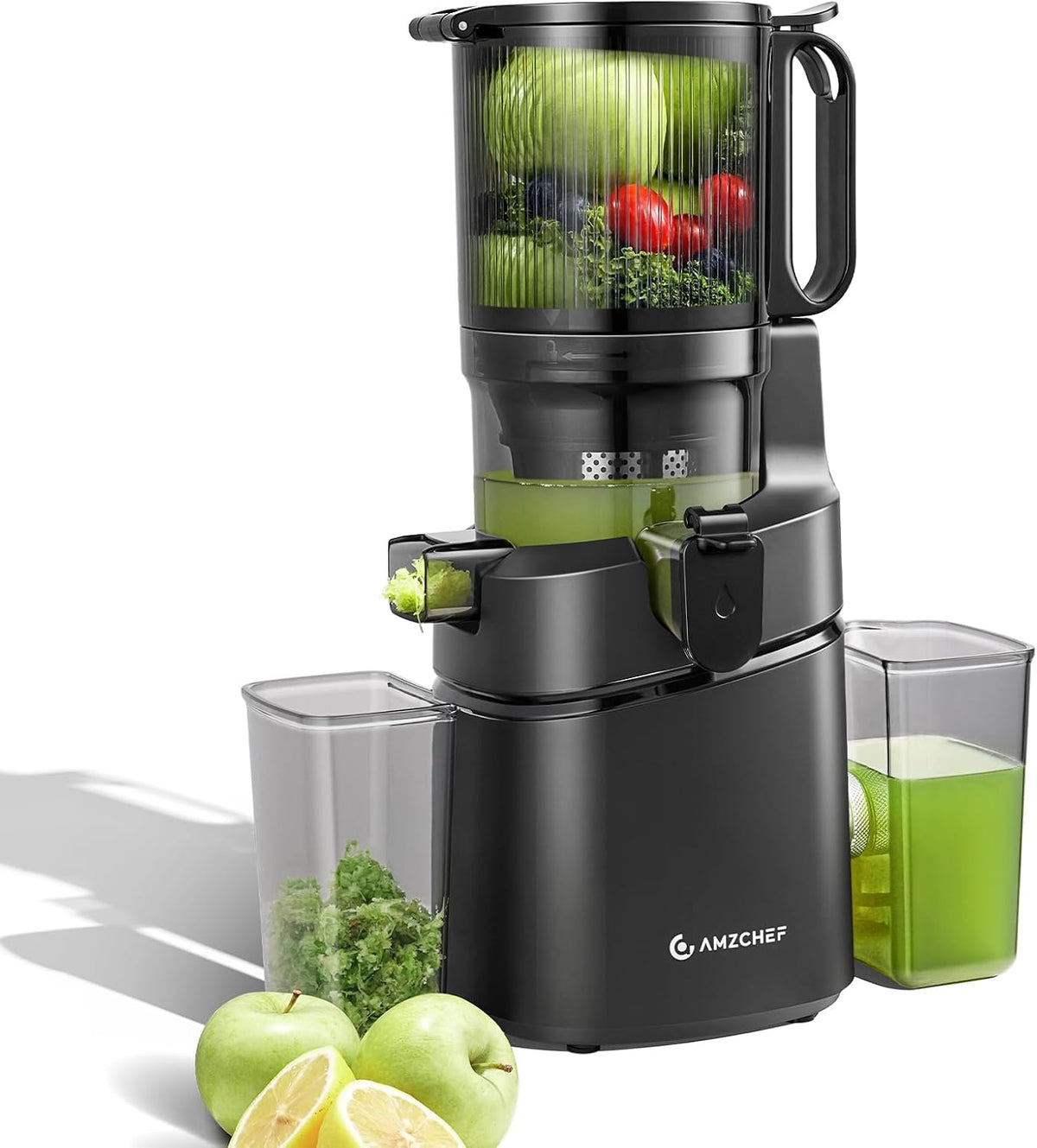 AMZCHEF Extracteur de jus à vis simple, 145 mm, 145mm, 1, 8L, 250W, 2mm, 0, 8mm, 0, 5mm, Noir Profond, Extracteur de jus automatique Vos mains libres