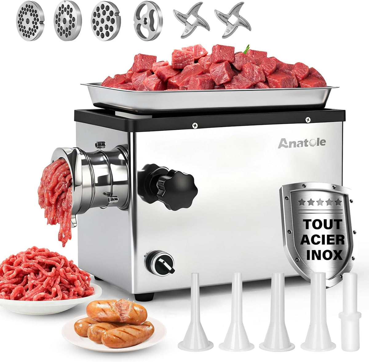 Anatole Hachoir à viande, acier inoxydable, 35, 5 × 20 × 2, 5 cm, 1100 W, 10 mm, 1100W, 1, 6cm, 2cm, 2, 6cm, 3cm